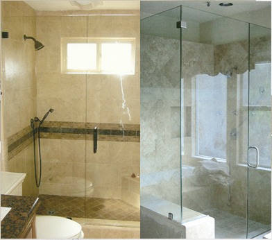 Two frameless glass shower enclosures installed by JP Glass & Mirror