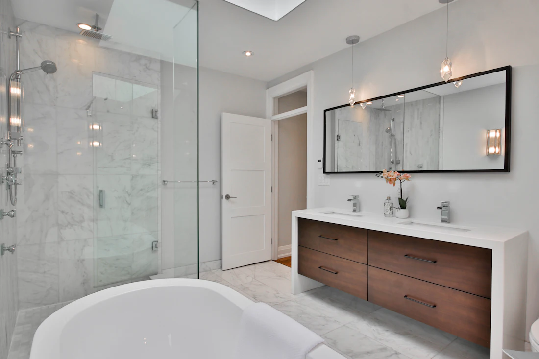 Frameless glass shower door beside a freestanding bathtub